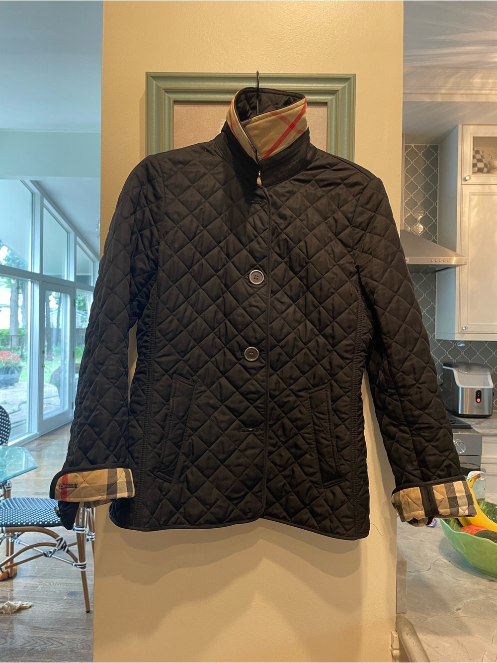 Black Quilted Burberry Coat with Signature Plaid Trim